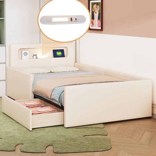 Lit Capitonné 90x200 Cm, Avec Veilleuse Et Port De Chargement USB,  Beige