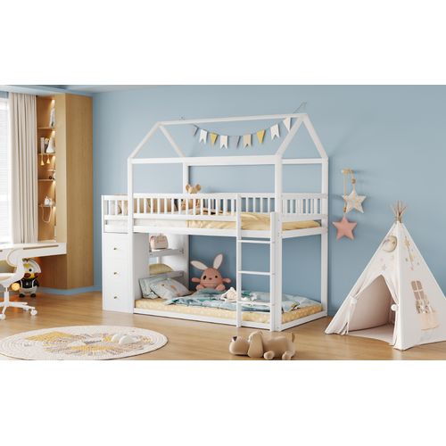 Lit Superposé 90x200 Cm, Avec Coffre De Rangement Et Étagères, Blanc