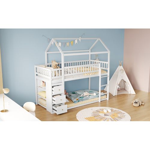 Lit Superposé 90x200 Cm, Avec Coffre De Rangement Et Étagères, Blanc