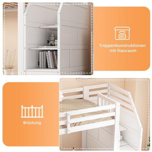 Lit Mezzanine 90x200cm, Sommier à Lattes, Garde-corps, Marches Escamotables, En747, Blanc