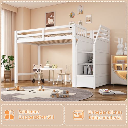 Lit Mezzanine 90x200cm, Sommier à Lattes, Garde-corps, Marches Escamotables, En747, Blanc