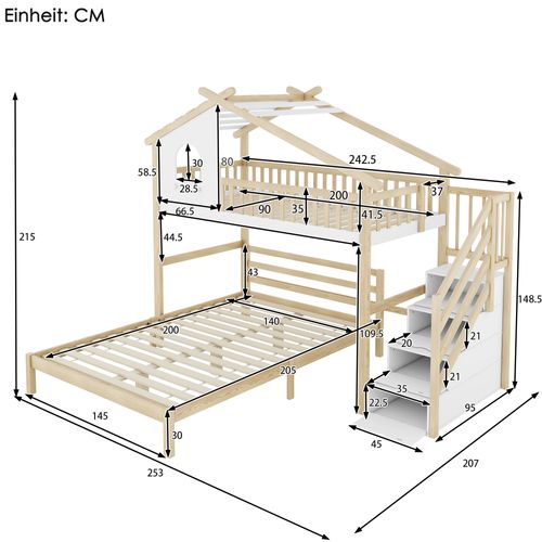 Lit Mezzanine 90x200cm + Lit Bas 140x200, Échelle, Fenêtre, Blanc/naturel