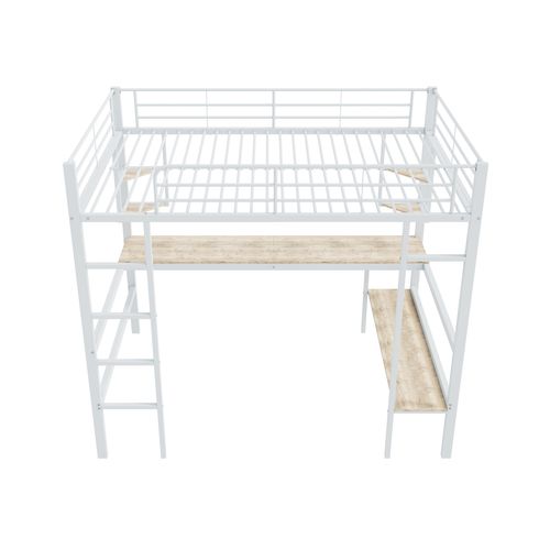 Lit Mezzanine 140x200cm, Bureau, 4 Étagères + Bibliothèque, Blanc