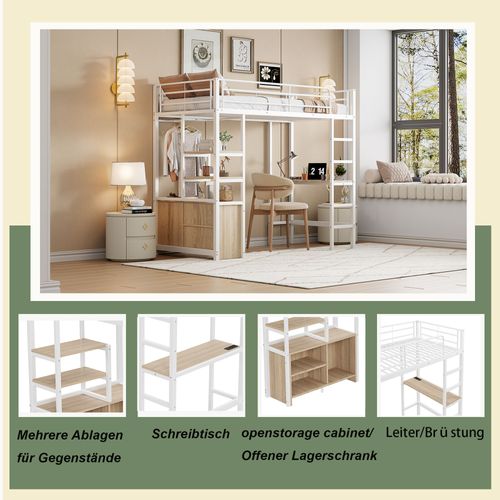 Lit Mezzanine 90x200cm, Bureau, Prises USB, Étagères Ouvertes, Blanc