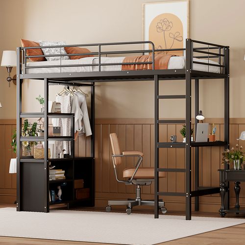 Lit Mezzanine 90x200cm, Bureau, Prises USB, Étagères Ouvertes, Noir