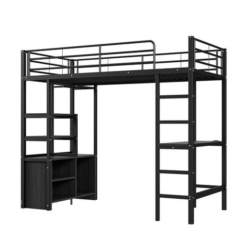 Lit Mezzanine 90x200cm, Bureau, Prises USB, Étagères Ouvertes, Noir