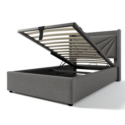 Lit Simple 90x200, USB-c+éclairage, Tête De Lit Rangement, Lin, Sommier