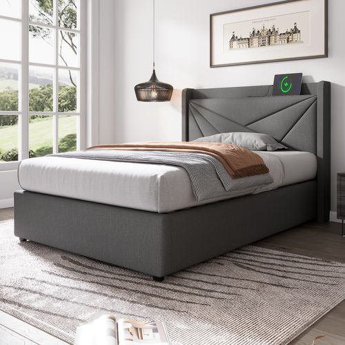 Lit Simple 90x200, USB-c+éclairage, Tête De Lit Rangement, Lin, Sommier