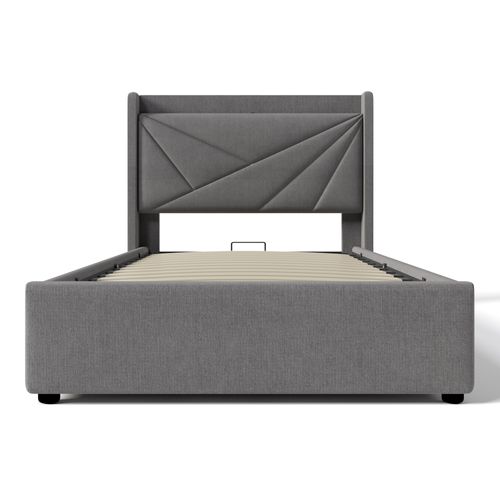 Lit Simple 90x200, USB-c+éclairage, Tête De Lit Rangement, Lin, Sommier