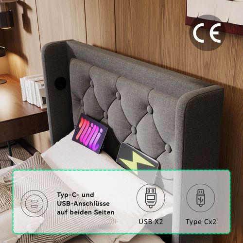 Lit Simple 90x200 Hydraulique, USB-c+led 3 Faces, Tête Capitonnée, Coton Gris