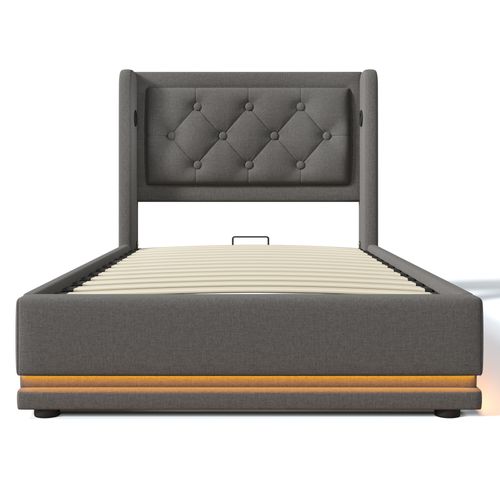 Lit Simple 90x200 Hydraulique, USB-c+led 3 Faces, Tête Capitonnée, Coton Gris