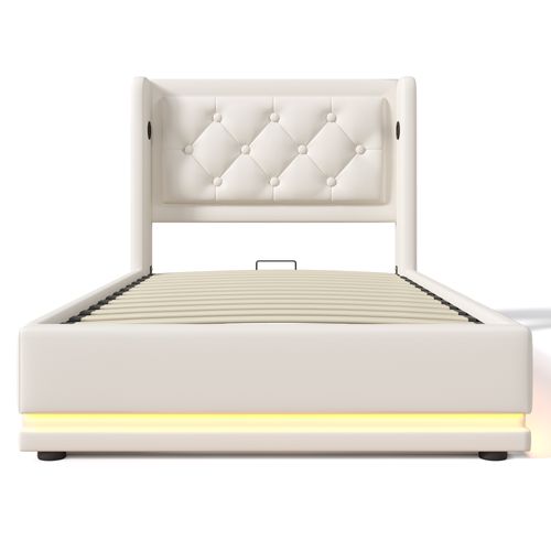 Lit Simple 90x200 Hydraulique, USB-c+led 3 Faces, Tête Capitonnée, Pu Blanc