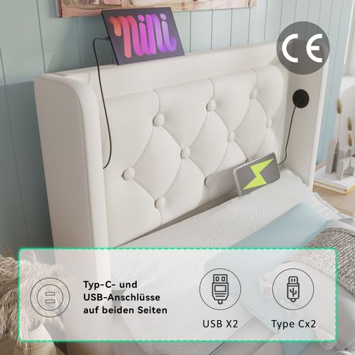 Lit Simple 90x200 Hydraulique, USB-c+led 3 Faces, Tête Capitonnée, Pu Blanc