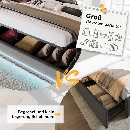 Lit Double 180x200 Hydraulique, USB-c+led 3 Faces, Tête Capitonnée, Coton Gris