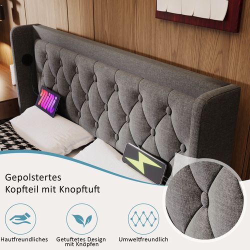 Lit Double 180x200 Hydraulique, USB-c+led 3 Faces, Tête Capitonnée, Coton Gris