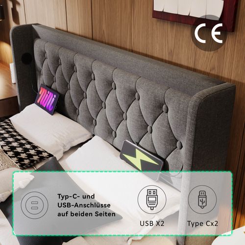 Lit Double 180x200 Hydraulique, USB-c+led 3 Faces, Tête Capitonnée, Coton Gris