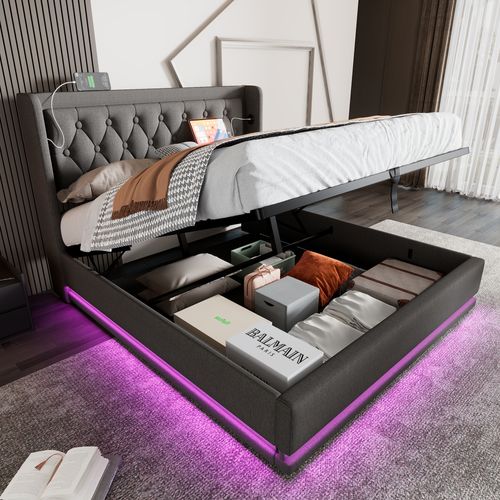 Lit Double 180x200 Hydraulique, USB-c+led 3 Faces, Tête Capitonnée, Coton Gris