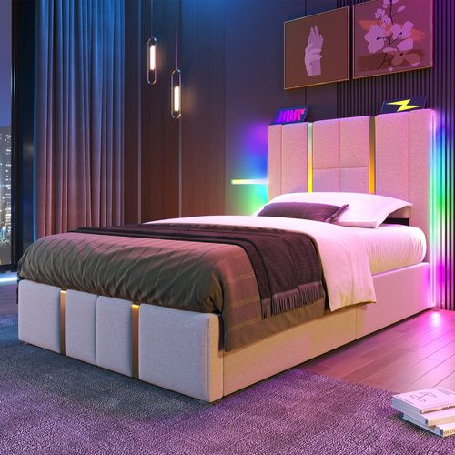 Lit Simple 90x200, USB-c+app Control LED, Sommier Bois, Lin Beige