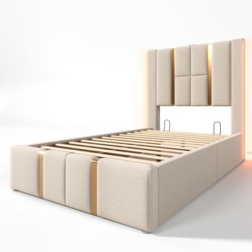 Lit Simple 90x200, USB-c+app Control LED, Sommier Bois, Lin Beige