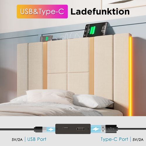 Lit Simple 90x200, USB-c+app Control LED, Sommier Bois, Lin Beige