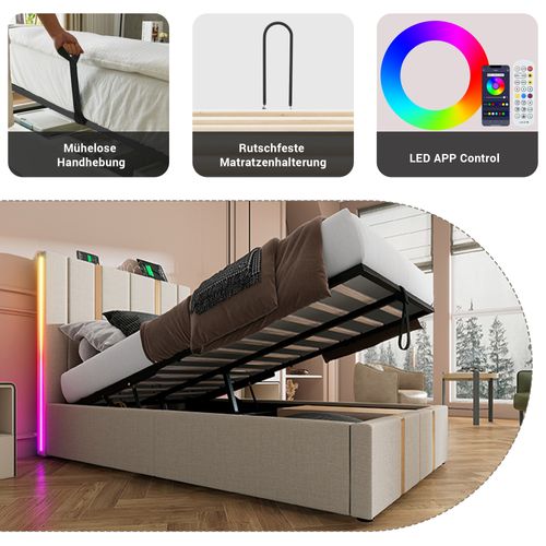 Lit Simple 90x200, USB-c+app Control LED, Sommier Bois, Lin Beige