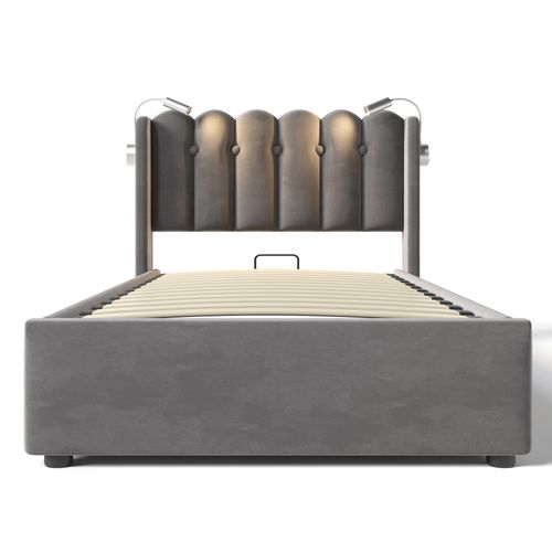 Lit Simple 90x200, Éclairage+usb, Tête De Lit Rangement, Velours Gris
