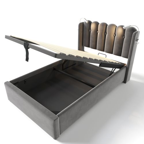 Lit Simple 90x200, Éclairage+usb, Tête De Lit Rangement, Velours Gris