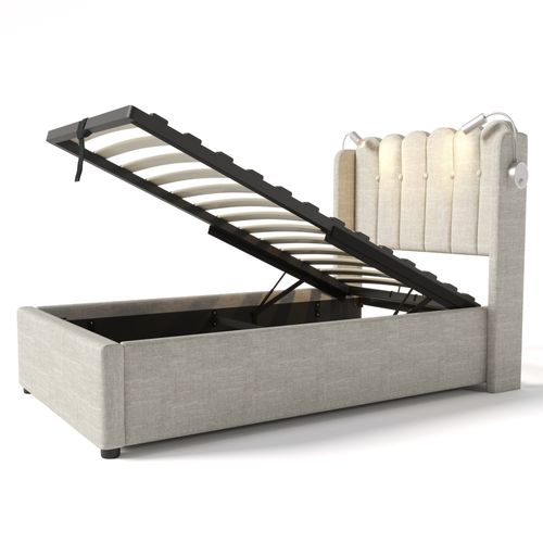 Lit Simple 90x200, Éclairage+usb, Tête De Lit Rangement, Lin Naturel