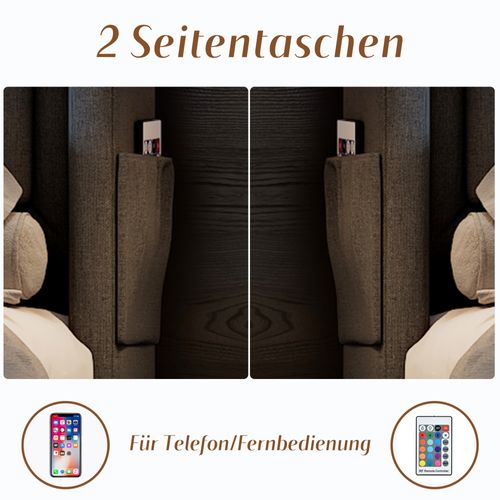 Lit Double 180x200 Hydraulique, LED+usb-c, Sommier Bois/métal, 300kg, Coton Gris