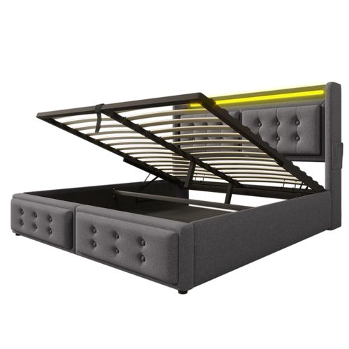 Lit Double 180x200 Hydraulique, LED+usb-c, Sommier Bois/métal, 300kg, Coton Gris