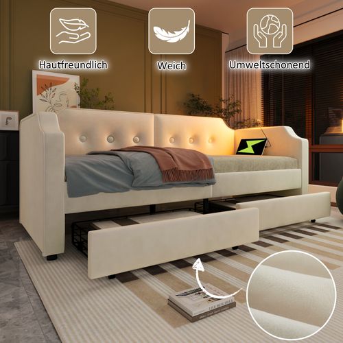 Canapé-lit Avec Lampe USB Et 2 Tiroirs, Velours Beige, 90x200 Cm