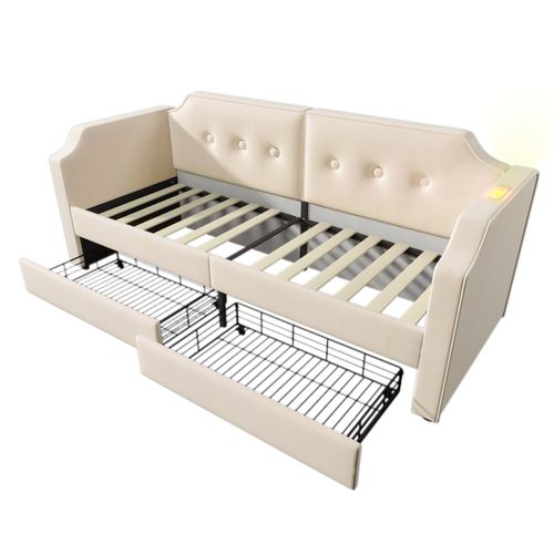 Canapé-lit Avec Lampe USB Et 2 Tiroirs, Velours Beige, 90x200 Cm