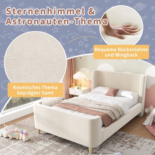 Lit Rembourré à Traîneau Motif Cosmique, Velours Beige, 90 X 200 Cm