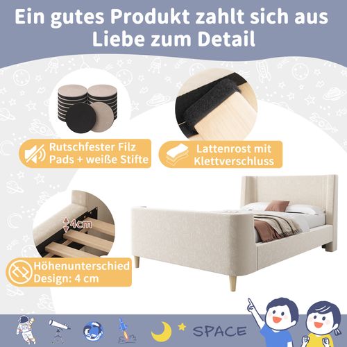 Lit Rembourré à Traîneau Motif Cosmique, Velours Beige, 90 X 200 Cm