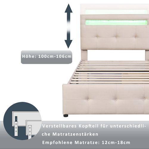Lit Rembourré Avec LED Et 2 Tiroirs, Lin, 90*200cm