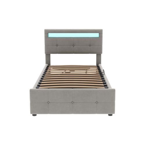 Lit Coffre Hydraulique Avec LED, Velours Gris, 90x200 Cm