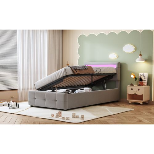 Lit Coffre Hydraulique Avec LED, Velours Gris, 90x200 Cm