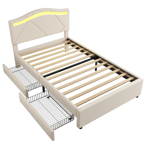 Lit Rembourré Avec LED Et 2 Tiroirs, Lin Beige, 90x200cm