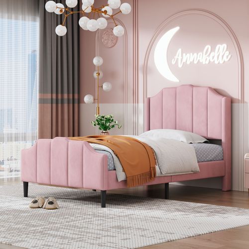 Lit Double Rembourré Velours Rose, 90 X 200 Cm