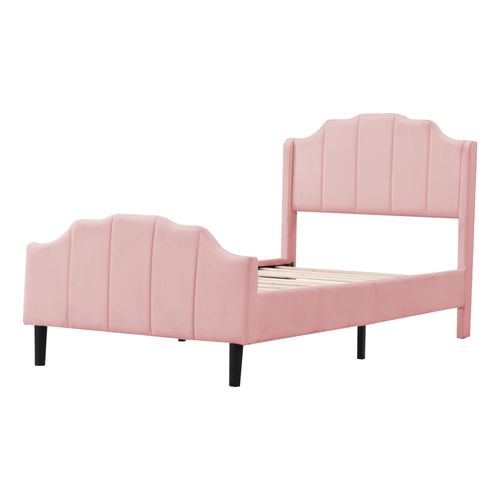 Lit Double Rembourré Velours Rose, 90 X 200 Cm