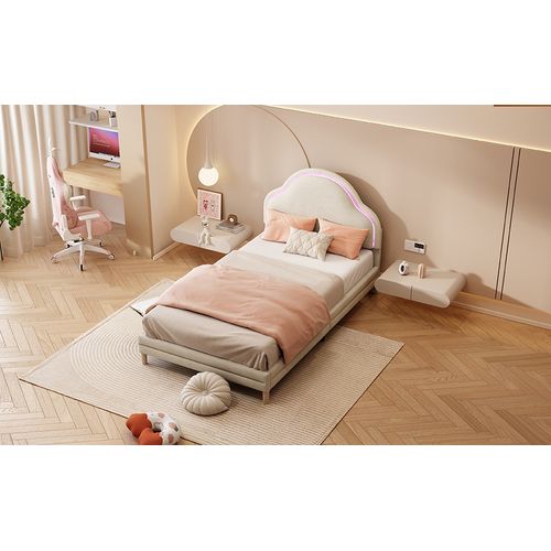 Lit Nuage Rembourré Avec LED, Velours Beige, 90x200cm