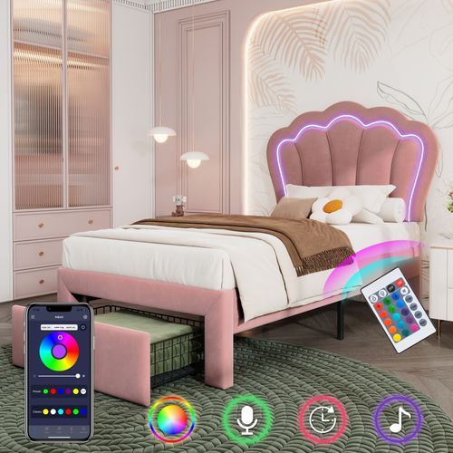 Lit LED Rembourré Avec Tiroirs Et App-control, Rose, 90 X 200 Cm