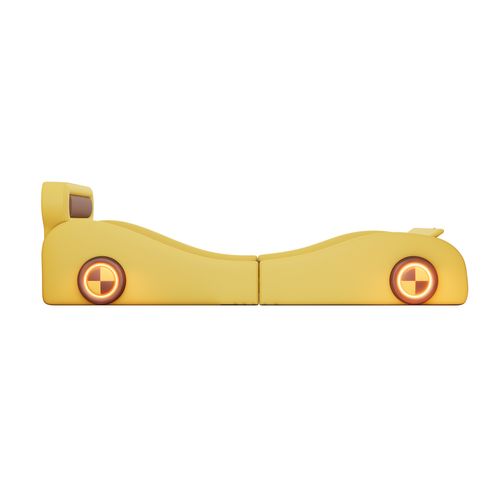 Lit Voiture Rembourré Avec Roues Éclairées, Jaune, 90x200cm