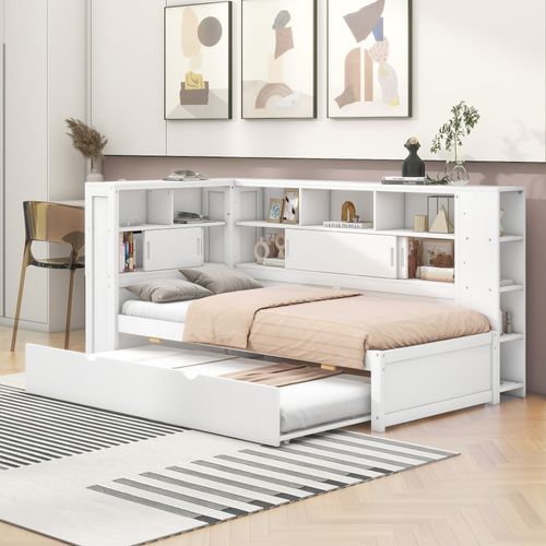 Lit Gigogne Avec USB Et Rangement, Blanc, 90x200cm