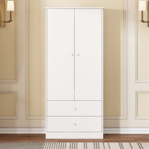 Armoire 2 Portes, 2 Tiroirs (chambre, Salon, Entrée) - Panneau De Particules, Blanc