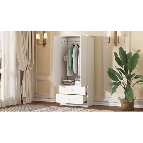 Armoire 2 Portes, 2 Tiroirs (chambre, Salon, Entrée) - Panneau De Particules, Blanc