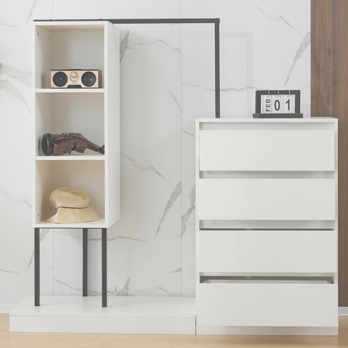 Armoire Commode 140x40x135cm, Avec Tringle à Vêtements - Blanc