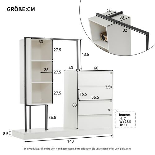 Armoire Commode 140x40x135cm, Avec Tringle à Vêtements - Blanc