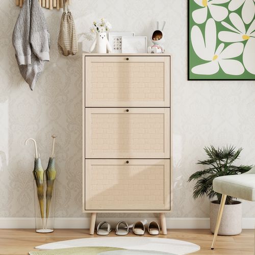 Armoire à Chaussures 3 Niveaux Couleur Naturelle Style Bohème, 60x24x121 Cm