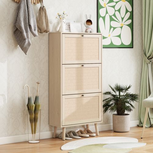 Armoire à Chaussures 3 Niveaux Couleur Naturelle Style Bohème, 60x24x121 Cm